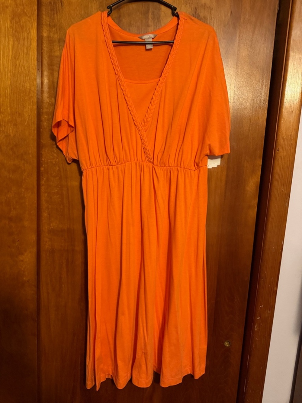 White Stag Vibrant Orange V-Neck Midi Dress with Braided Trim